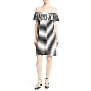 Kate Spade Off Shoulder Mini Dress Black Stripe Cotton A Line Shift XXS